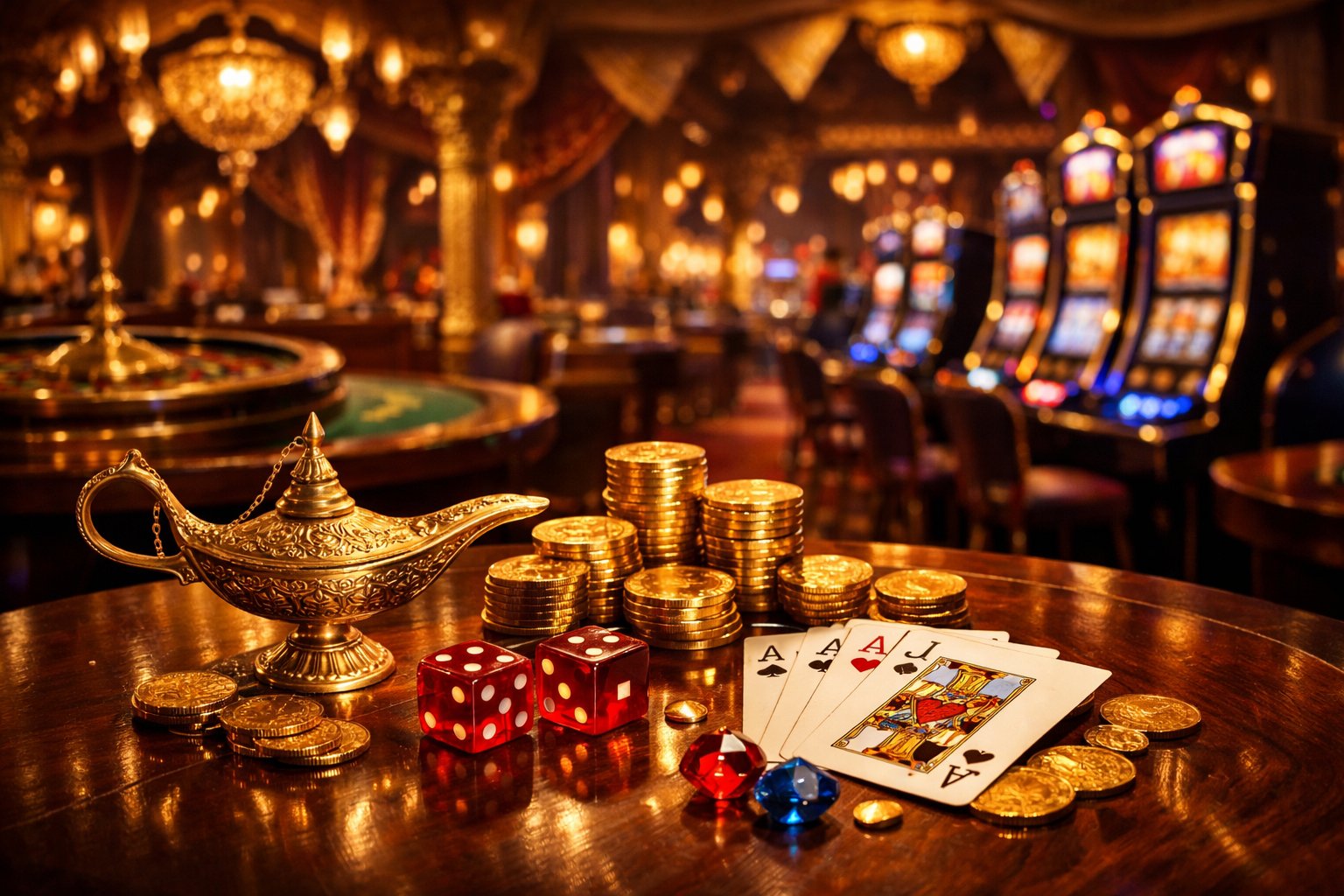 A Casino Interior With Slot Machines, Gaming Tables, Gold Coins, Playing Cards, And Dice Arranged On A Polished Table.
