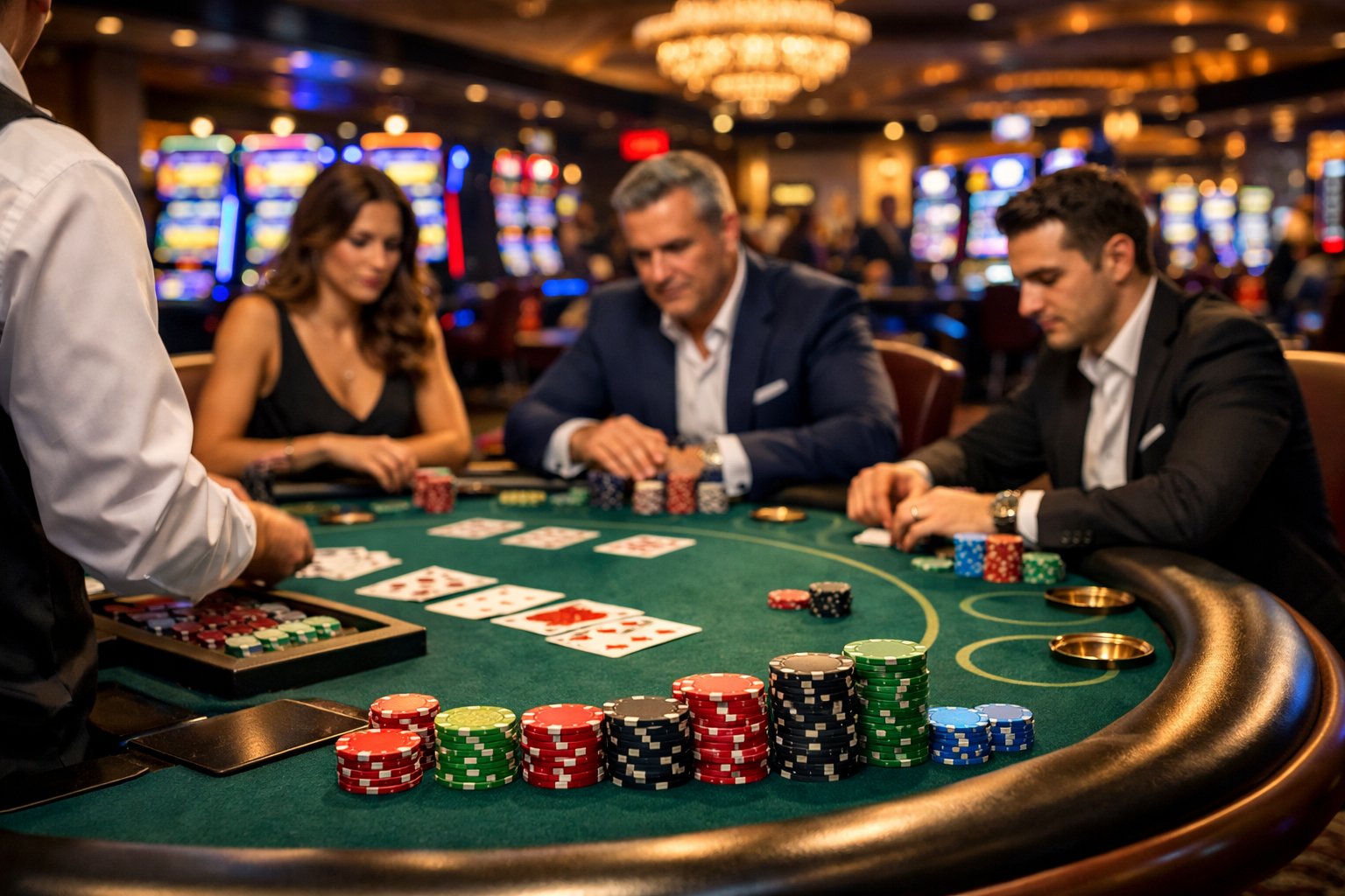 A Lively Casino Interior With Gaming Tables, Poker Chips, Players, And Slot Machines In The Background.