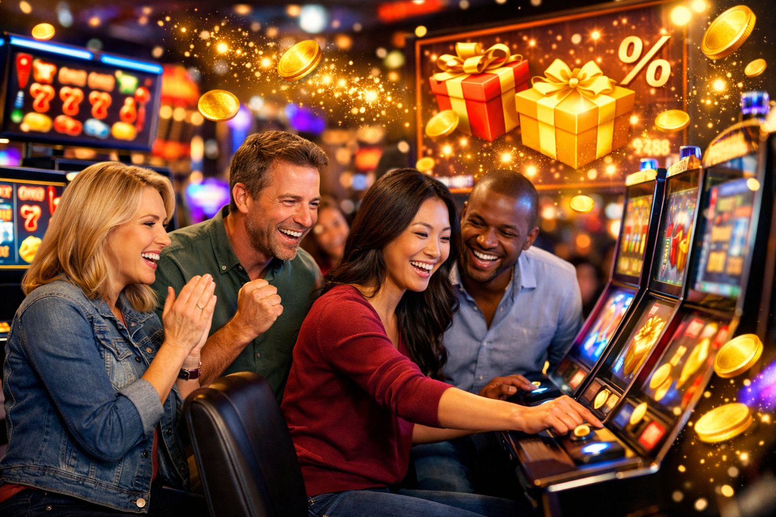 A Group Of People Enjoying A Lively Casino With Slot Machines And Colorful Lights Celebrating Bonuses And Promotions.