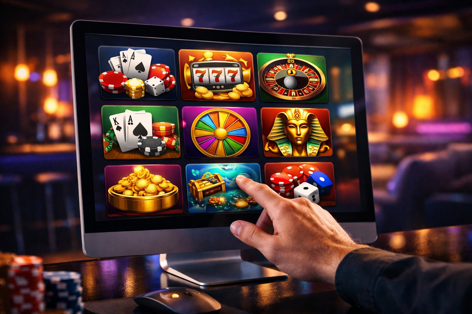 A Person Selecting Casino Games On A Computer Screen In A Stylish Gaming Lounge.