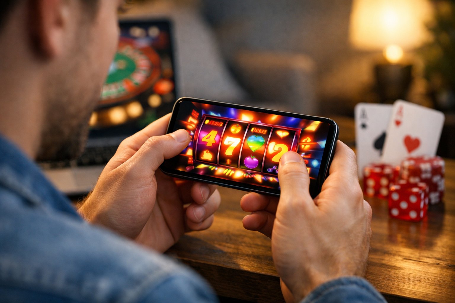 A Person Holding A Smartphone Showing A Colorful Casino Game, Sitting Indoors With Gaming Elements Around.