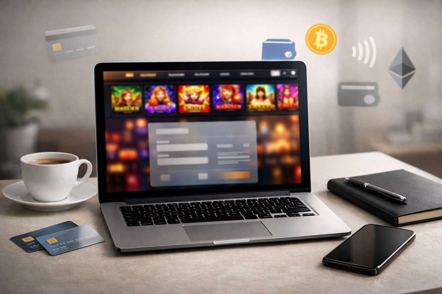 A Workspace With A Computer Showing An Online Casino Interface And Various Payment Method Icons Around It.