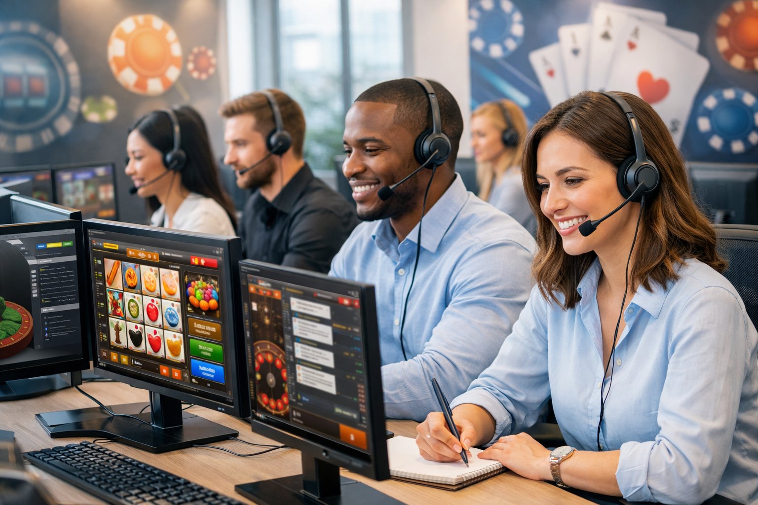 A Team Of Customer Support Agents Wearing Headsets Working At Computers In A Bright Office Environment With Screens Showing Casino Game Interfaces.