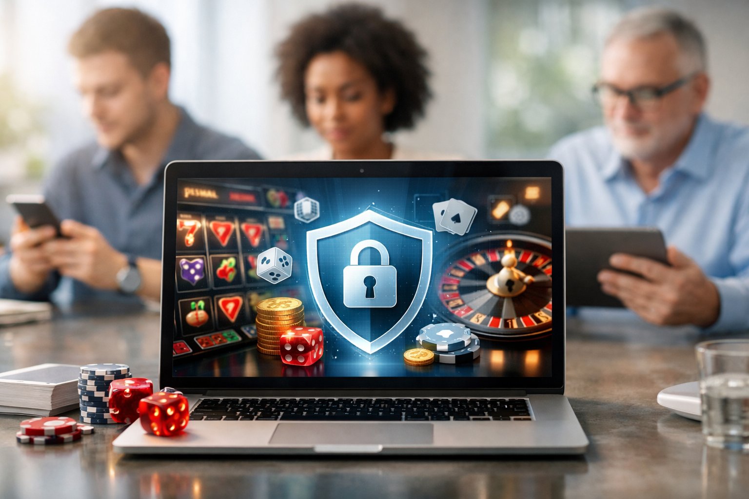 People Using Laptops And Mobile Devices With Digital Security Icons In A Bright, Professional Setting Representing Online Casino Security And Fairness.