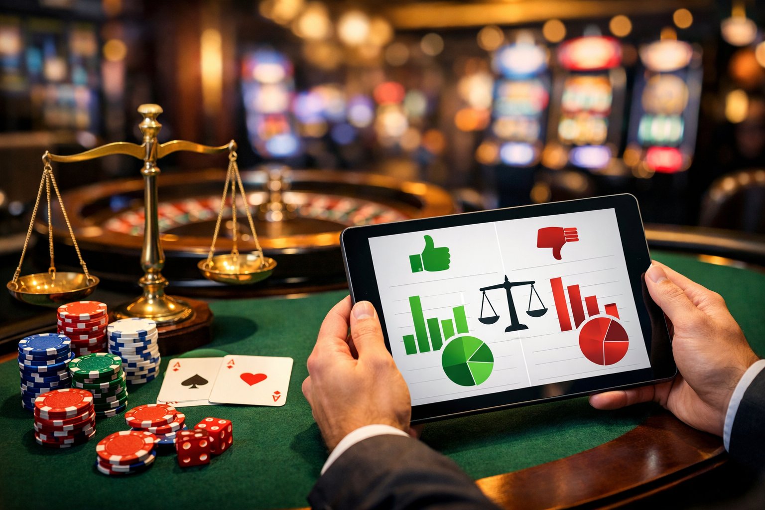 A Casino Table With Poker Chips, Playing Cards, A Roulette Wheel, And A Person Holding A Tablet Showing Charts.