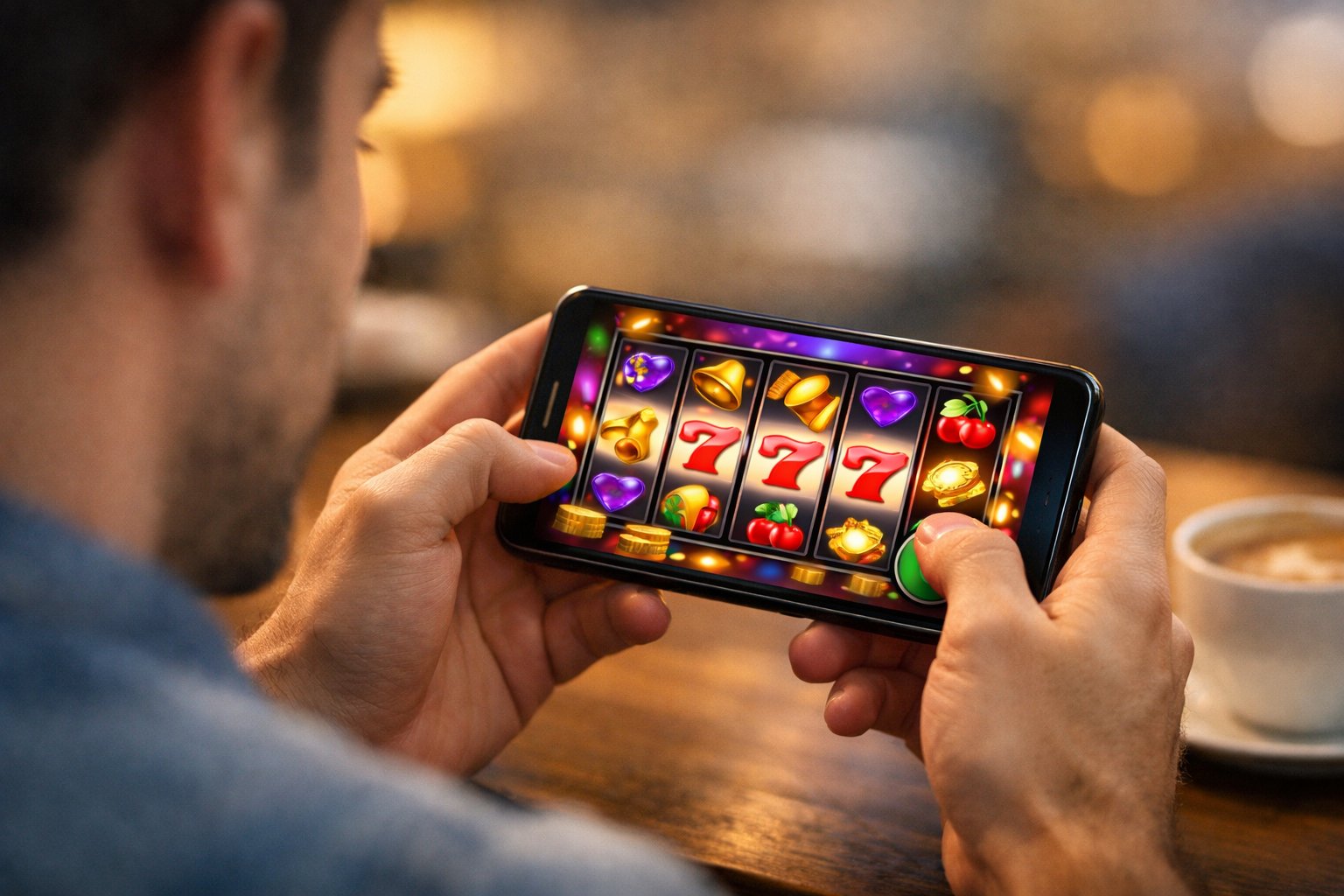 A Person Holding A Smartphone Showing A Colorful Casino Game, Sitting In A Cozy Indoor Setting.