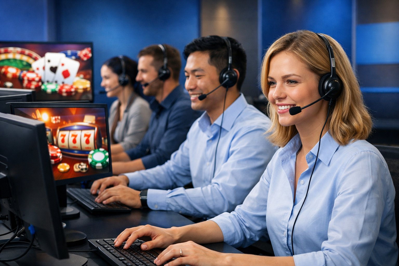 Customer Support Representatives Wearing Headsets Working At Computers In A Modern Office With CasinoThemed Graphics On Screens.