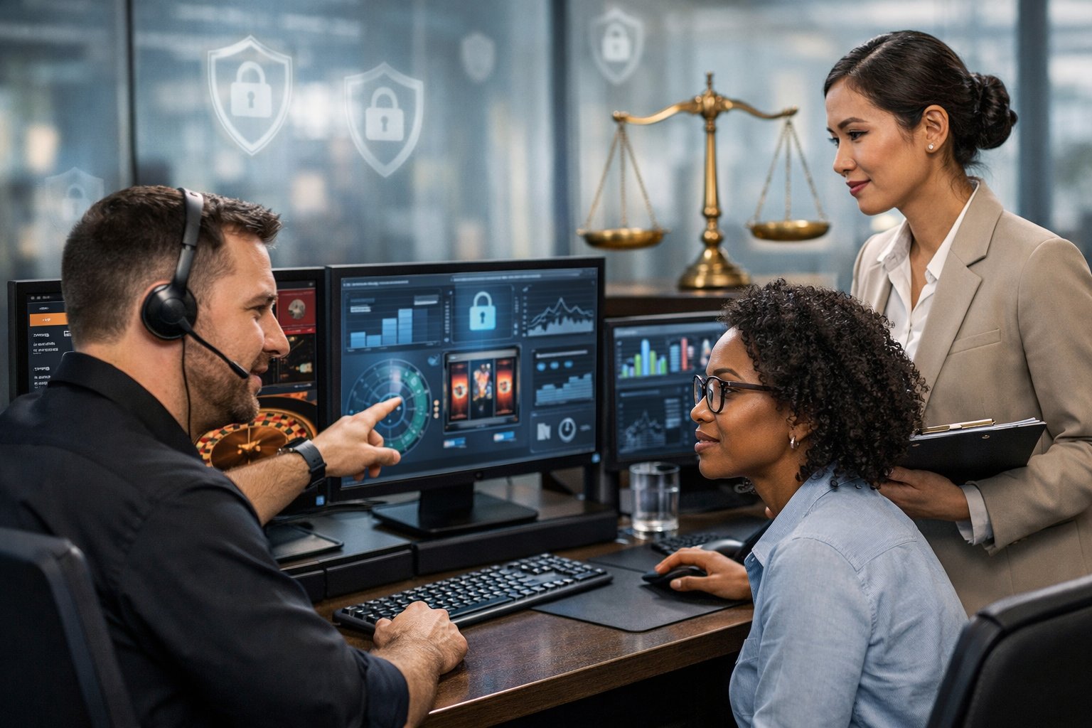 A Team Of Professionals Working Together In An Office With Computer Screens Showing Casino Games And Security Symbols.