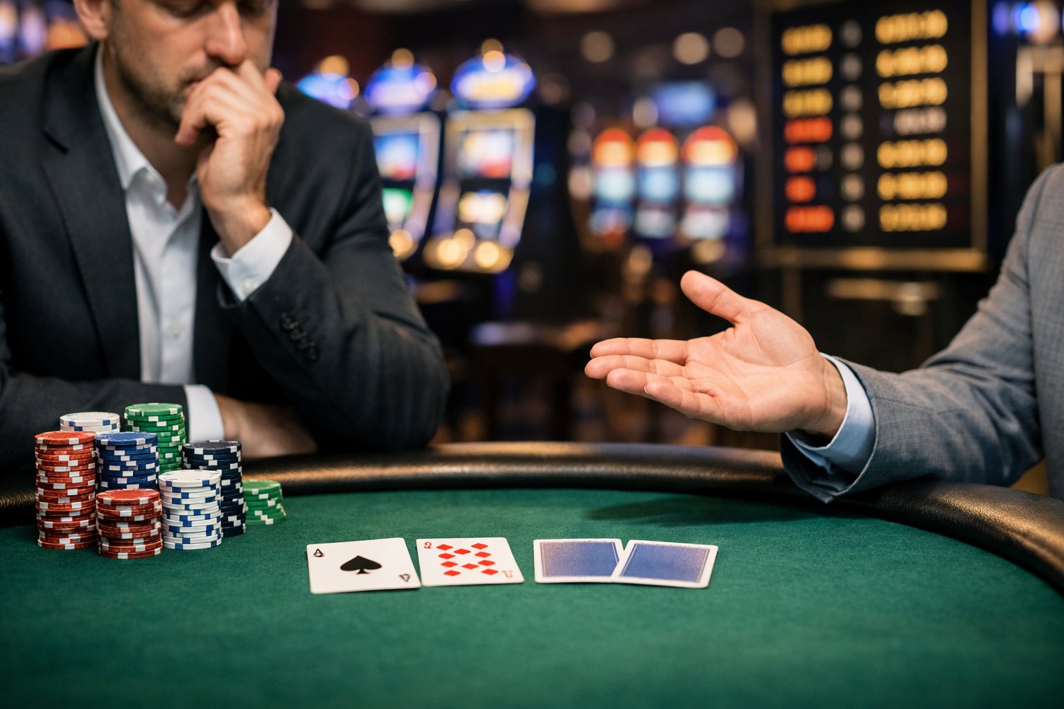 Two People At A Poker Table In A Casino, One Looking Thoughtful And The Other Gesturing, With Slot Machines And A Digital Leaderboard In The Background.