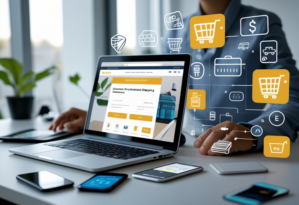 E-Commerce: Umfassender Leitfaden für Grundlagen & Modelle 2 Ein moderner Arbeitsplatz mit Laptop, Smartphone und Tablet, auf dem eine Online-Shopping-Website angezeigt wird, umgeben von Symbolen für E-Commerce wie Einkaufswagen und Kreditkarten.