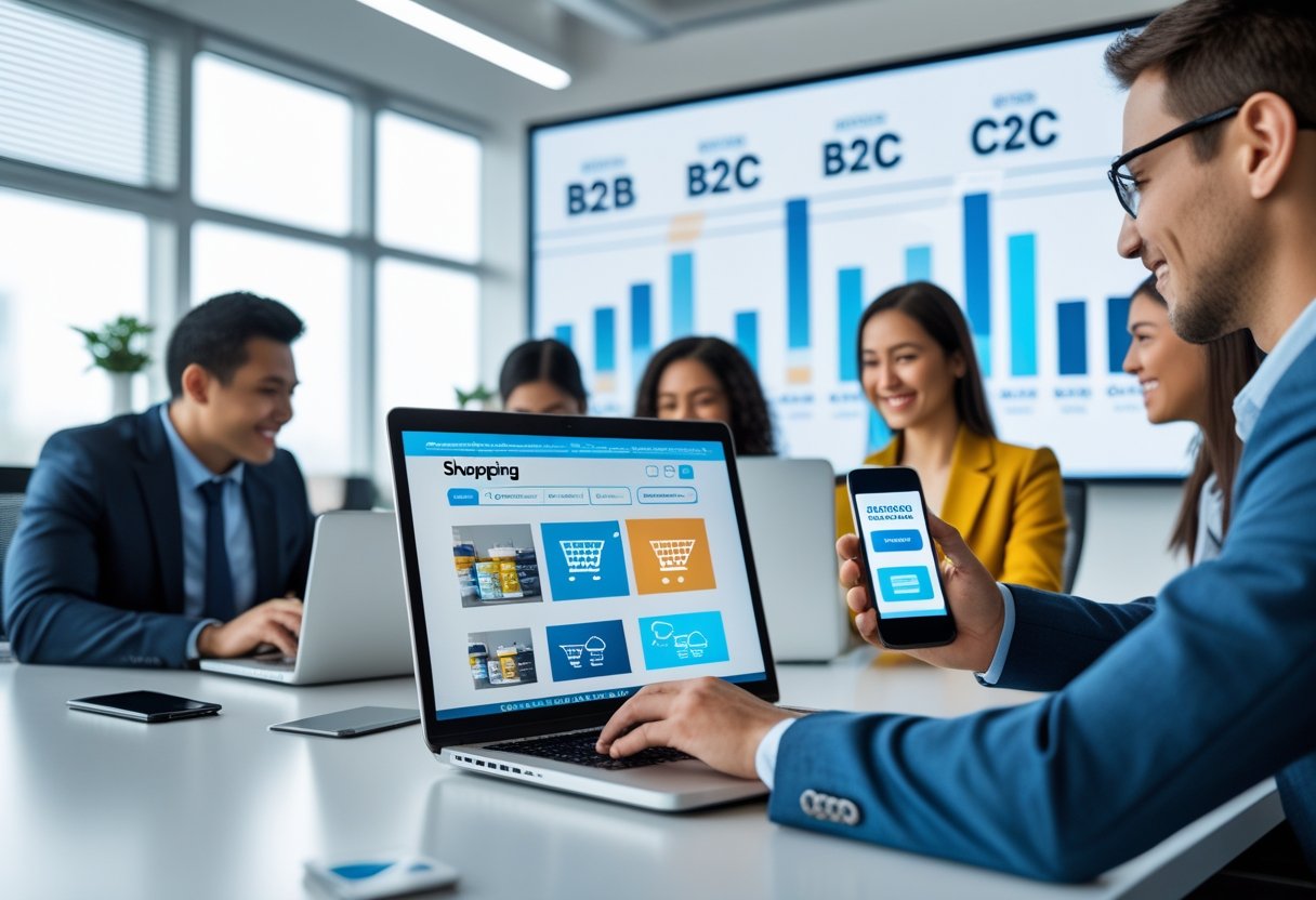 E-Commerce: Umfassender Leitfaden für Grundlagen & Modelle 3 Menschen arbeiten mit Laptop und Smartphone in einem modernen Büro, um verschiedene Arten von E-Commerce darzustellen.