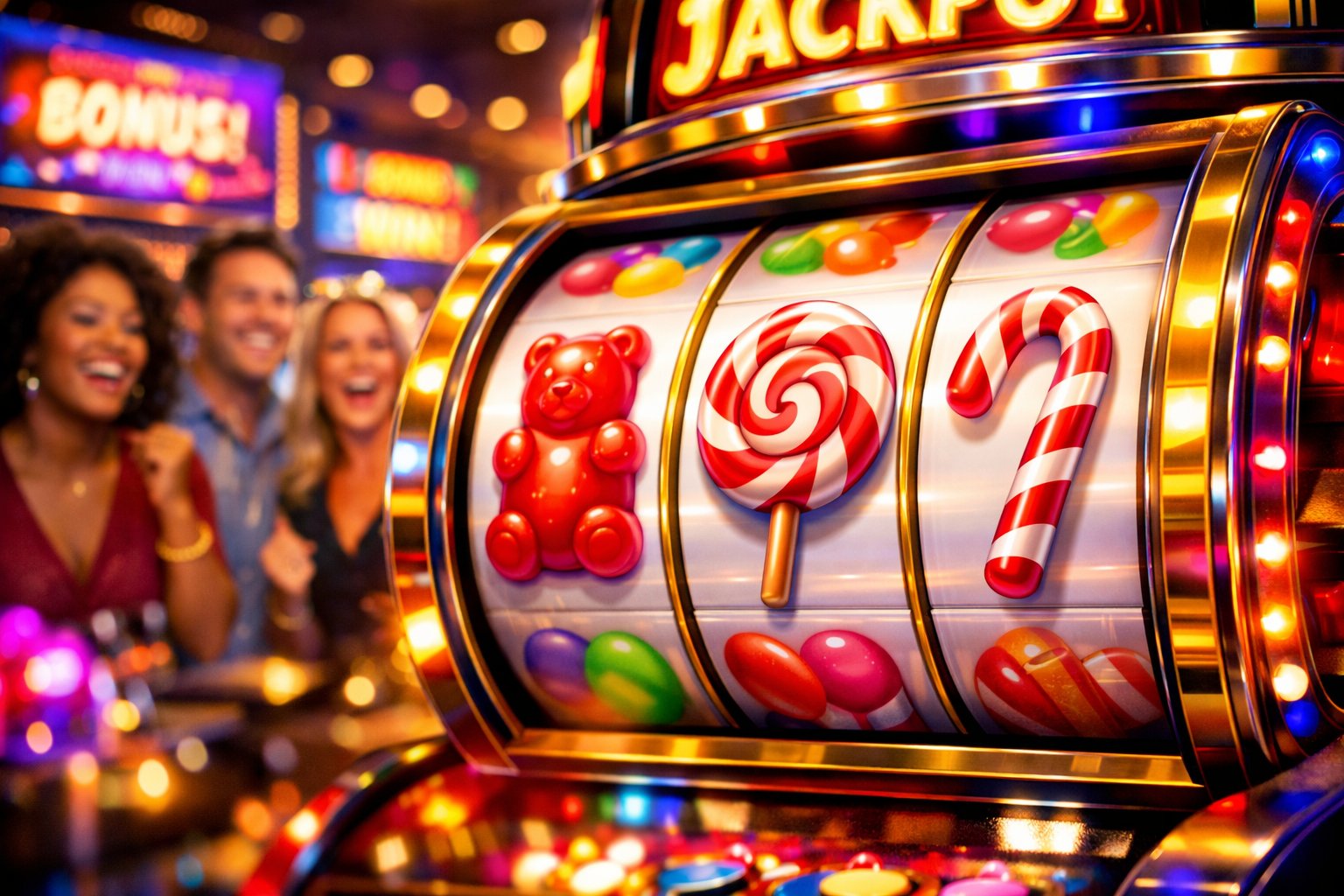 CloseUp Of A Colorful CandyThemed Slot Machine Spinning With People Enjoying A Lively Casino Environment In The Background.
