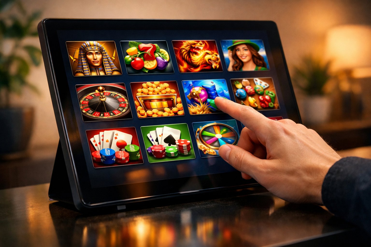 A Person Selecting A Casino Game On A Touchscreen Device Displaying Colorful Game Icons.