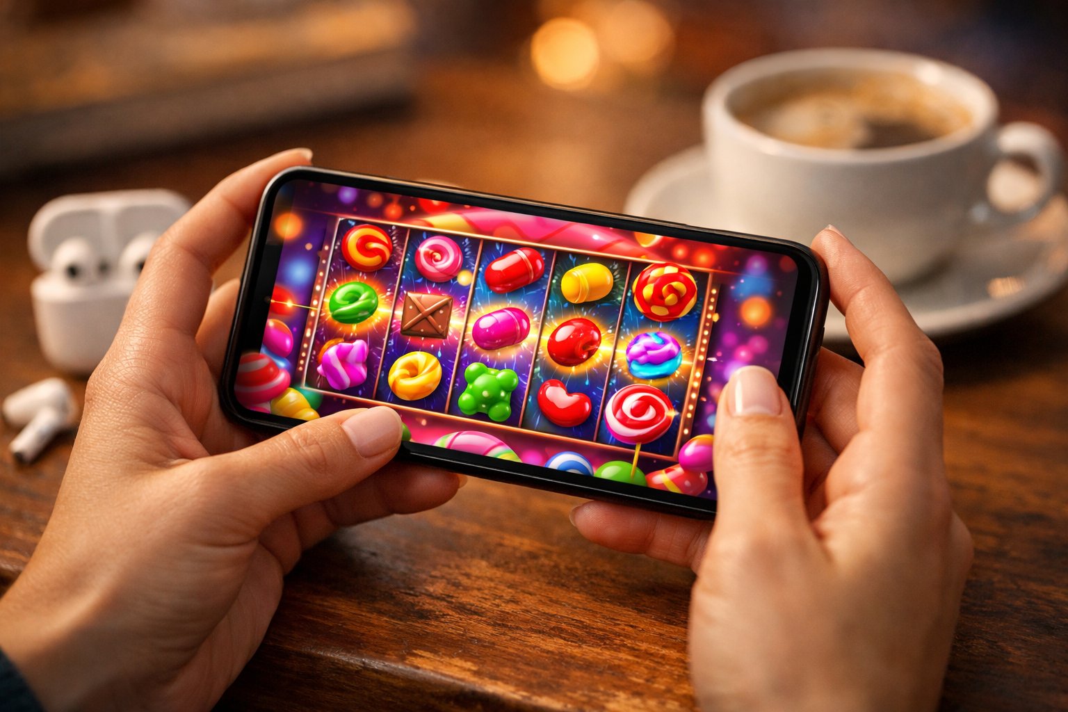 A Person Holding A Smartphone Displaying A Colorful CandyThemed Casino Slot Game With Spinning Reels.