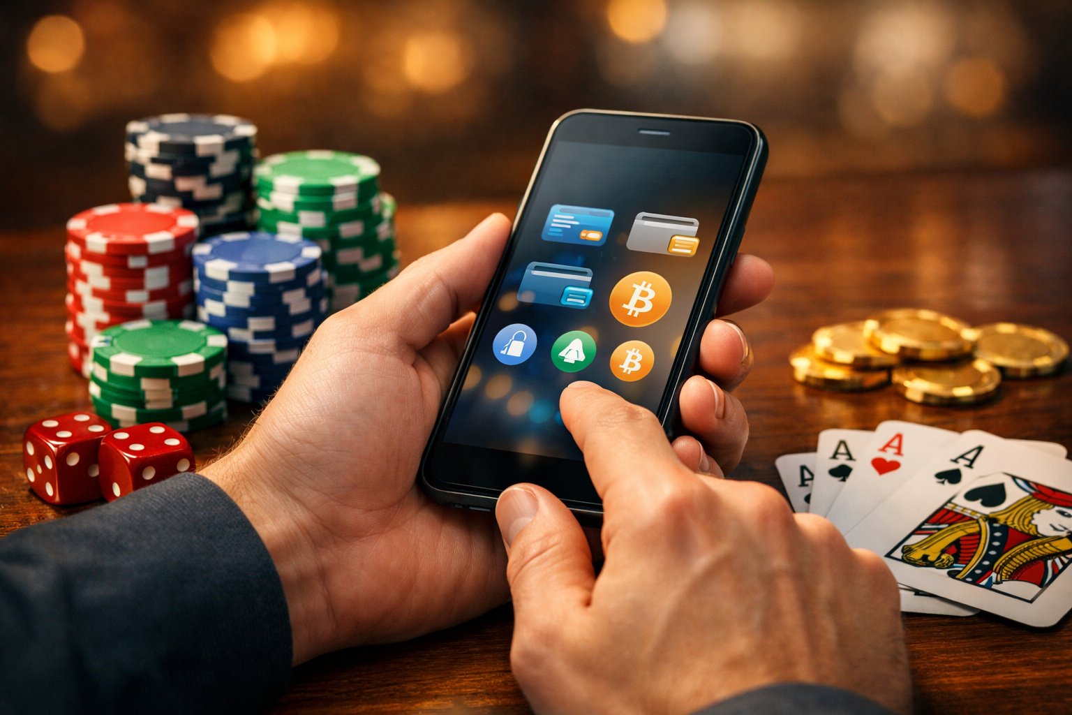 Hands Holding A Smartphone Showing Payment Icons With Casino Chips, Dice, And Playing Cards On A Table.