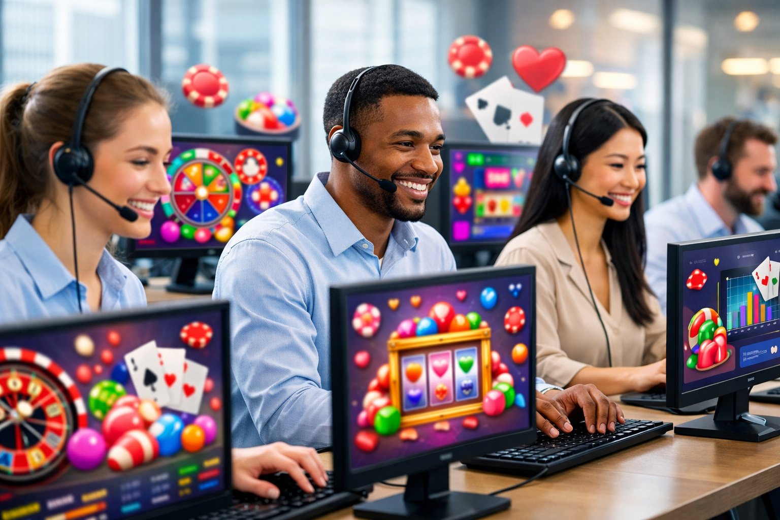 Customer Support Representatives Wearing Headsets Working At Computers With CasinoThemed Graphics In A Bright Office.