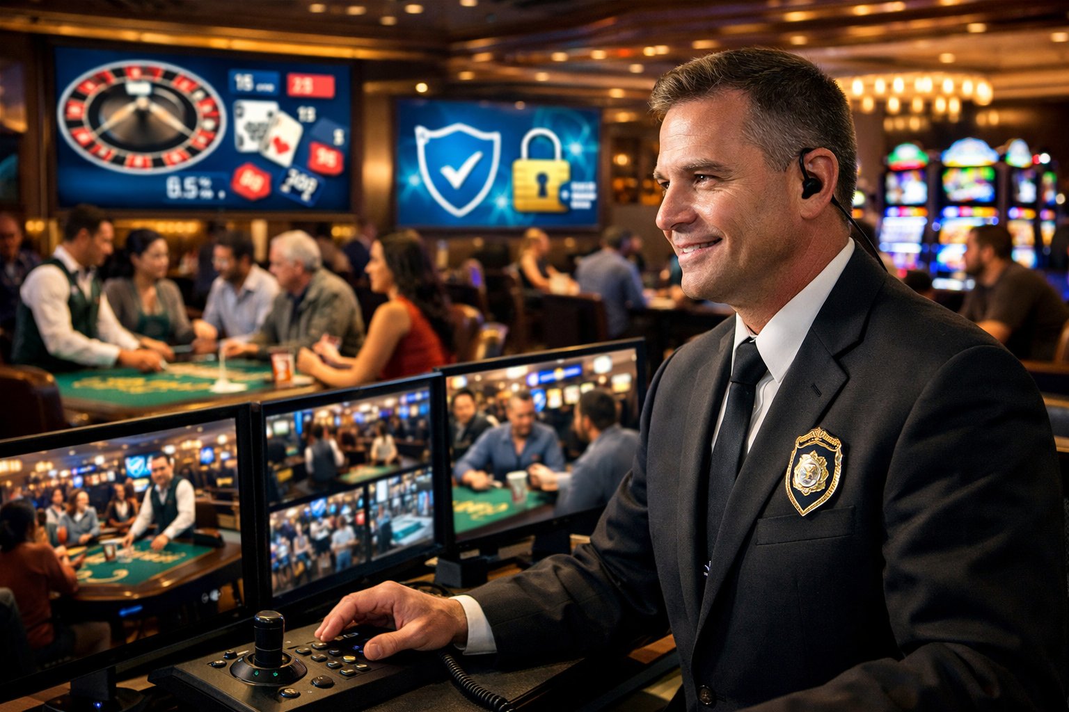 A Casino Floor With Players And A Security Staff Member Monitoring Surveillance Equipment, Highlighting A Safe And Fair Gaming Environment.