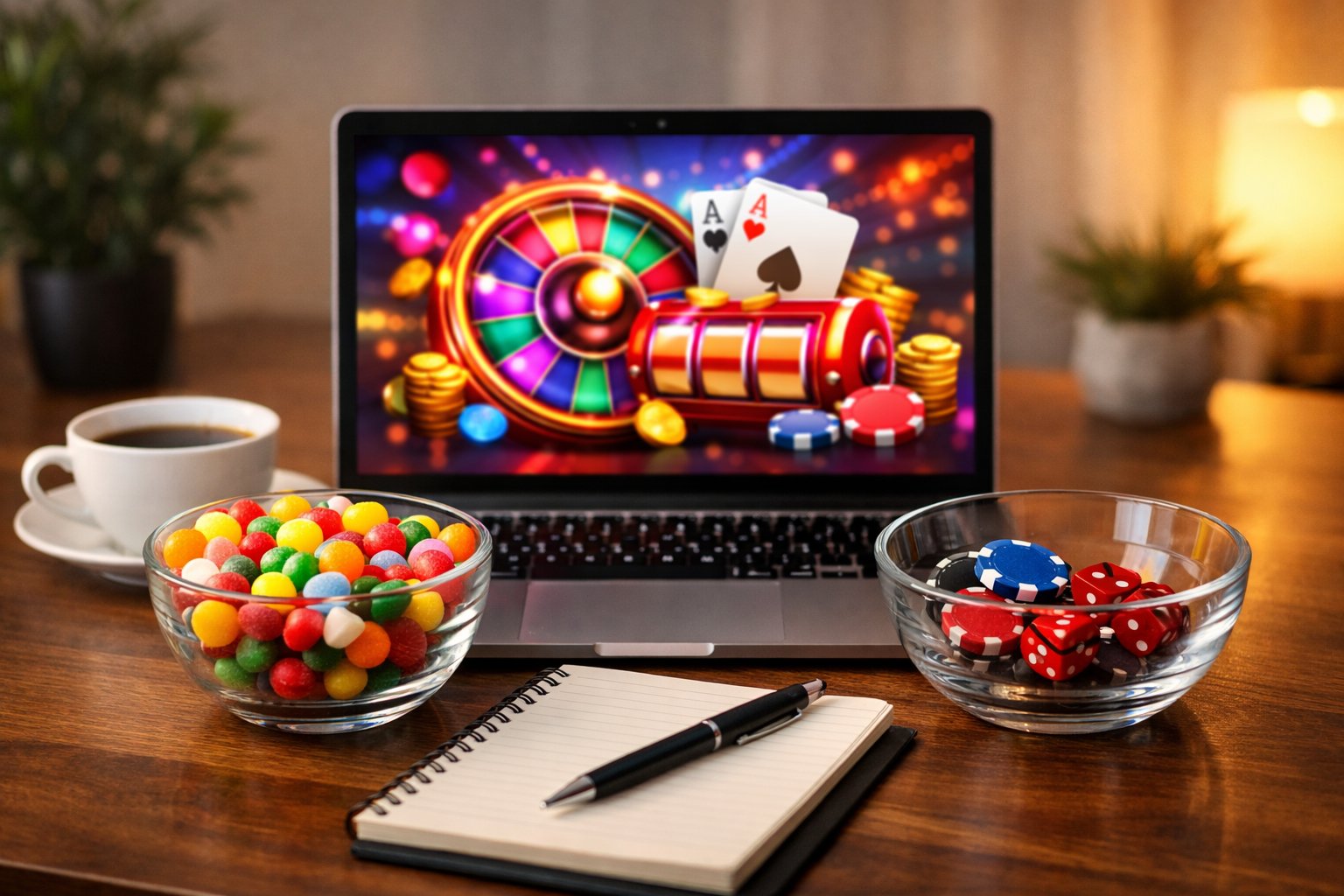 A Desk With A Laptop Showing Casino Graphics, Two Bowls Containing Candy And Poker Chips, A Notebook, Coffee Cup, And Plants, Suggesting Evaluation Of Pros And Cons.