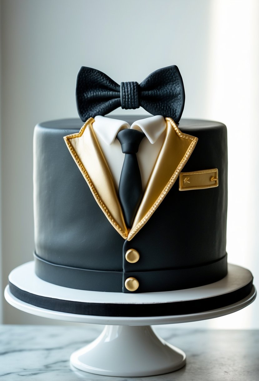 A black and gold tuxedo-themed cake with a fondant bow tie on top, displayed on a white cake stand.