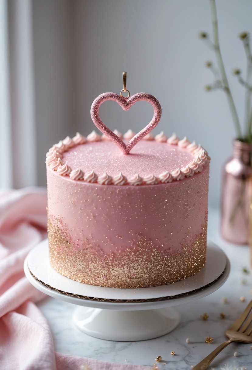 A glittery pink cake with a heart-shaped charm on top displayed on a white stand.
