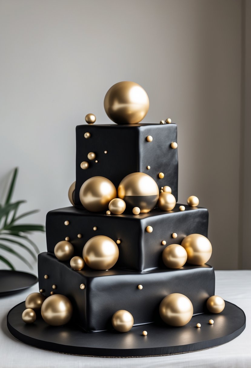 An asymmetrical black cake decorated with shiny gold spheres on a plain background.