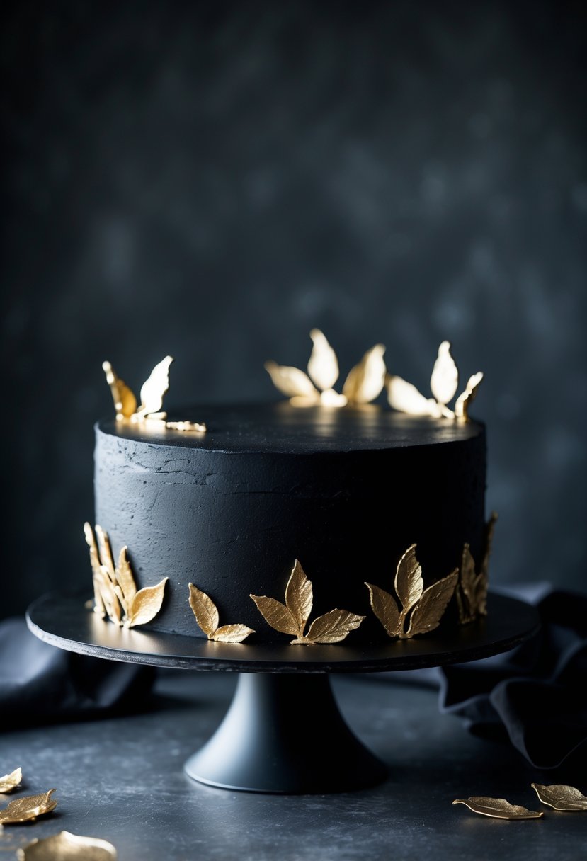 A matte black cake decorated with gold leaf on a cake stand against a dark background.