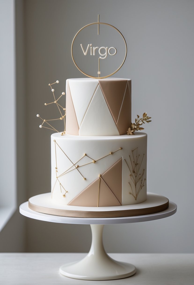 A clean and elegant geometric cake with subtle zodiac-themed decorations on a simple stand against a plain background.