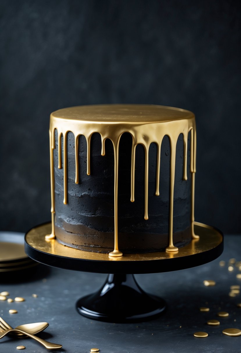 A black cake with gold drip icing sitting on a black velvet base.