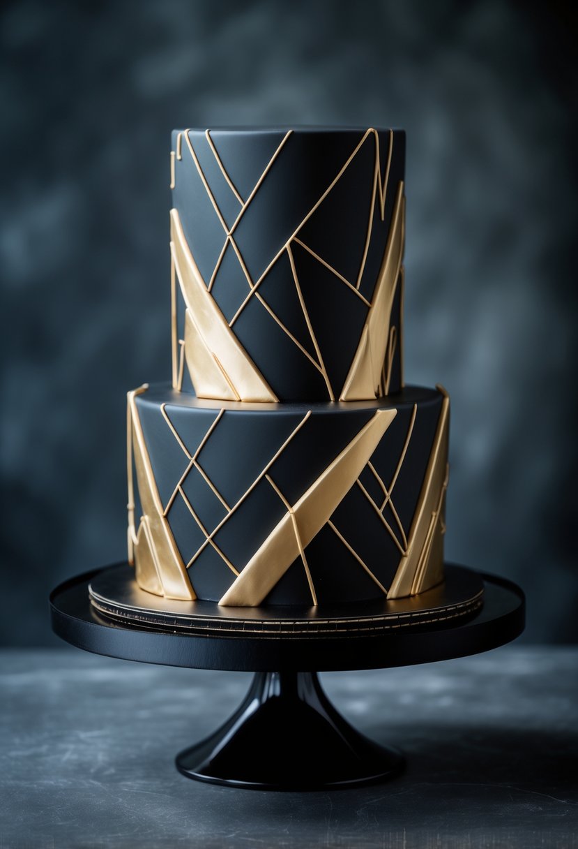 A black and gold geometric patterned cake displayed on a black cake stand against a dark background.