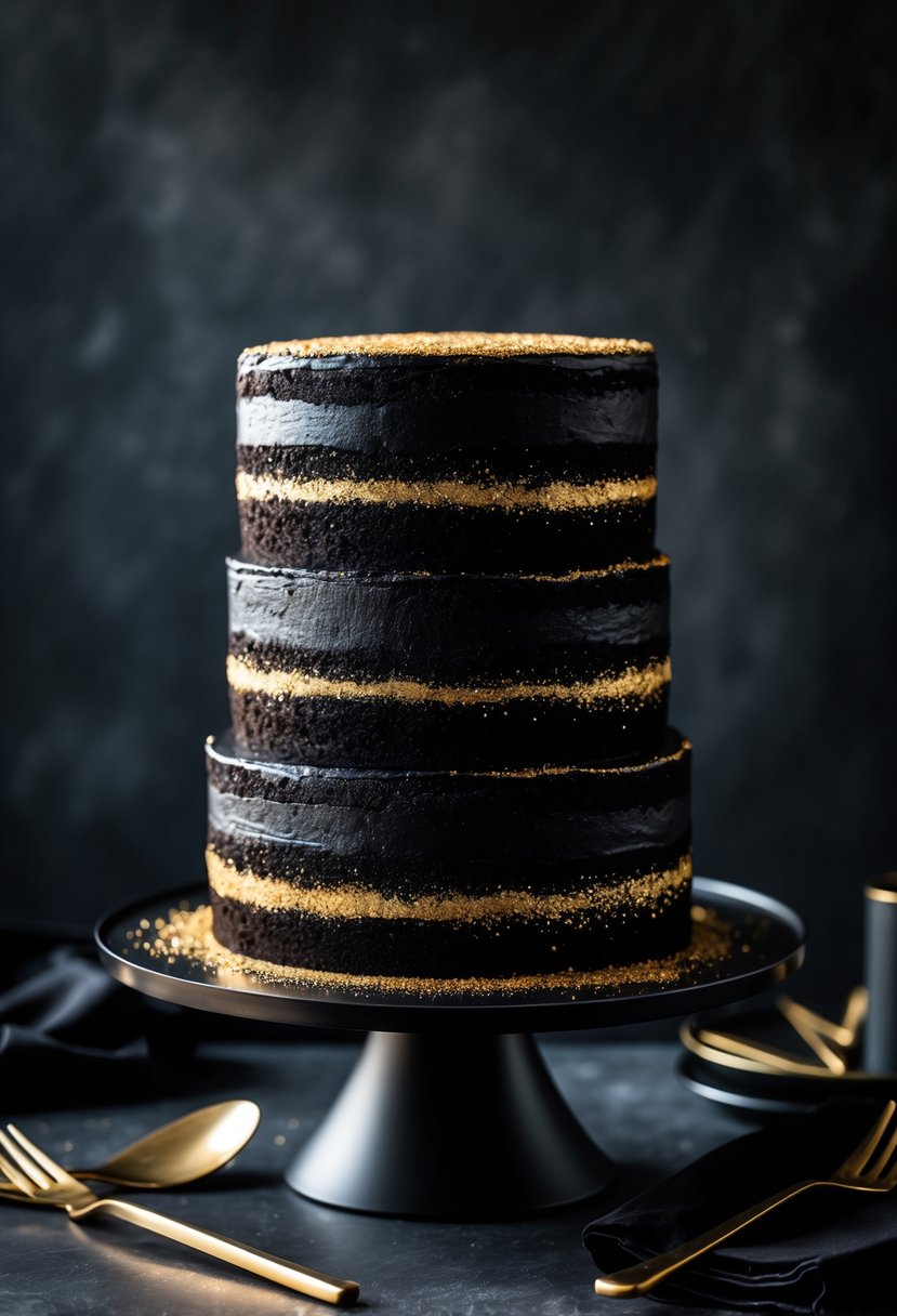 A multi-layered black velvet cake dusted with gold, displayed on a cake stand with gold utensils nearby.