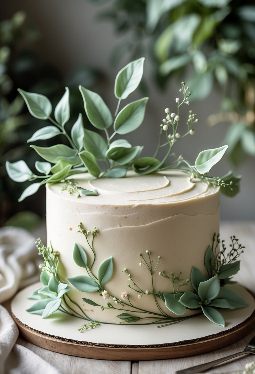 A beautifully decorated cake featuring green leaves and floral accents on a neutral surface with a blurred natural background.