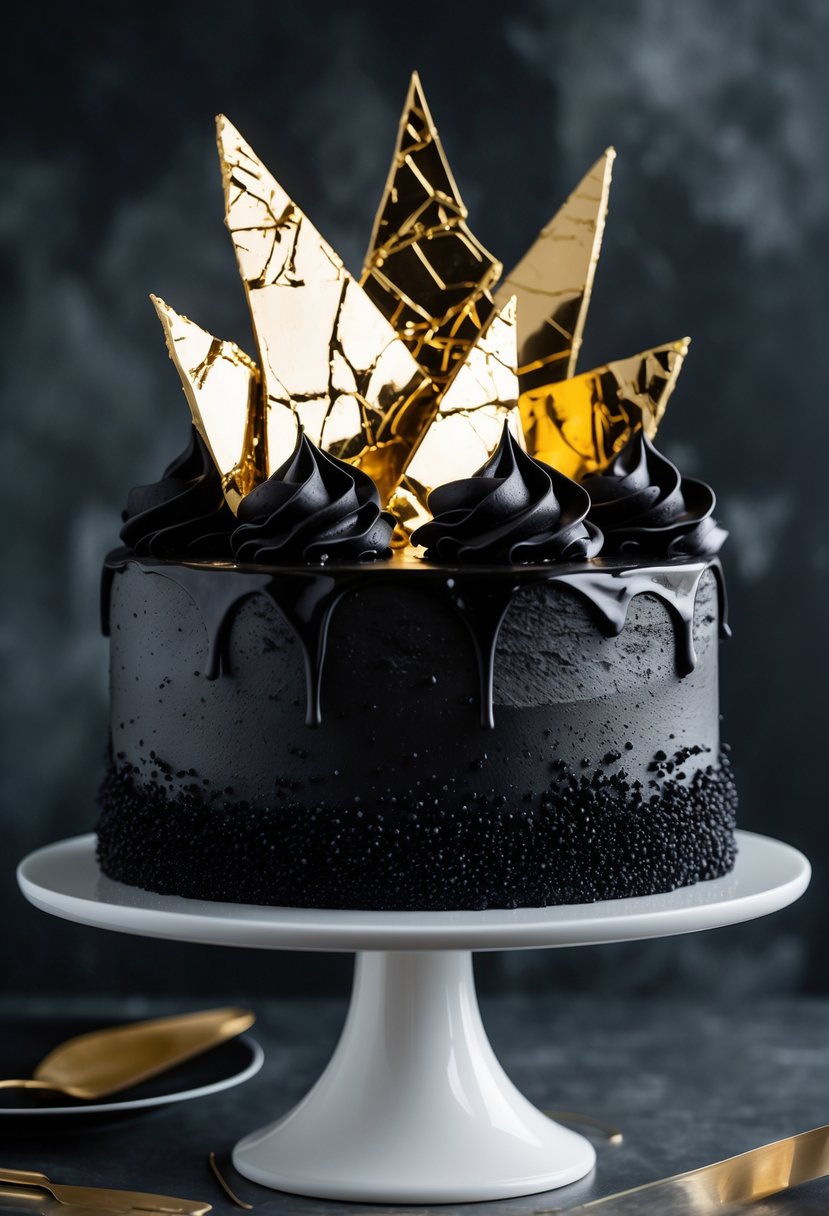 A black buttercream cake topped with gold chocolate shards on a white cake stand.