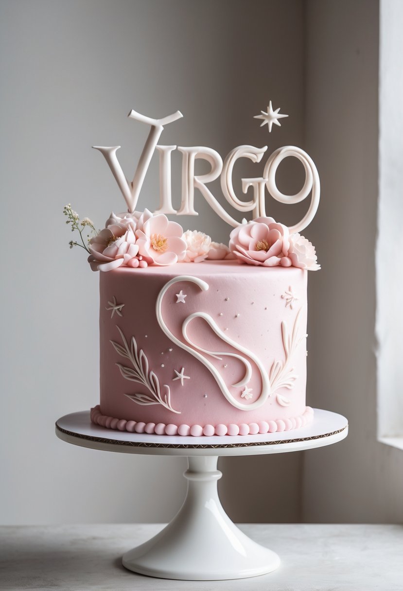 A pink cake decorated with white decorative accents and Virgo-themed motifs on a white cake stand.