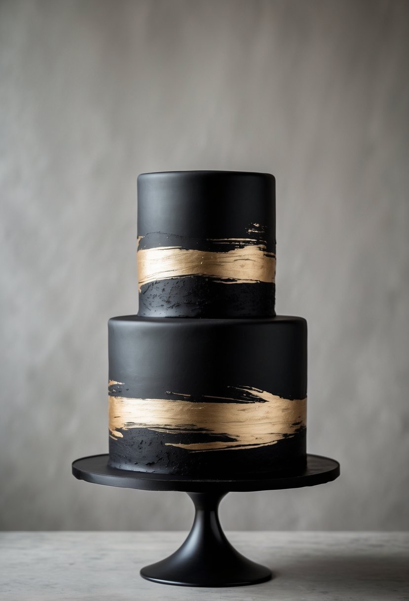 A two-tier black cake with gold brushstroke accents on a cake stand against a plain background.