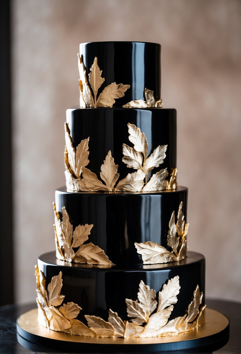 A glossy black cake decorated with gold foil accents on a blurred background.