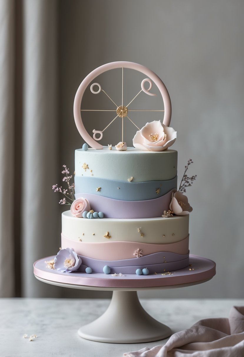 A beautifully decorated pastel-colored cake with delicate floral and zodiac-themed decorations on a cake stand.