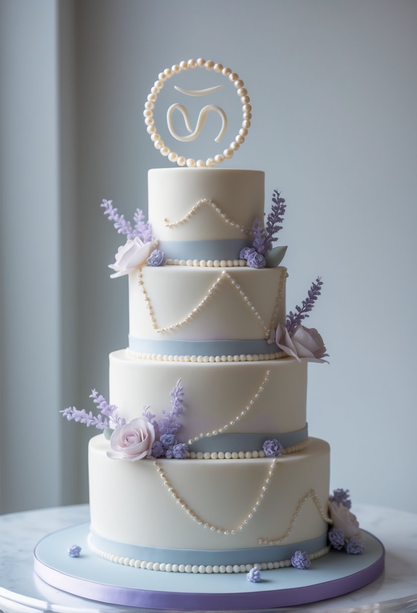 A multi-tiered ivory cake decorated with delicate pearl-like accents on a plain background.