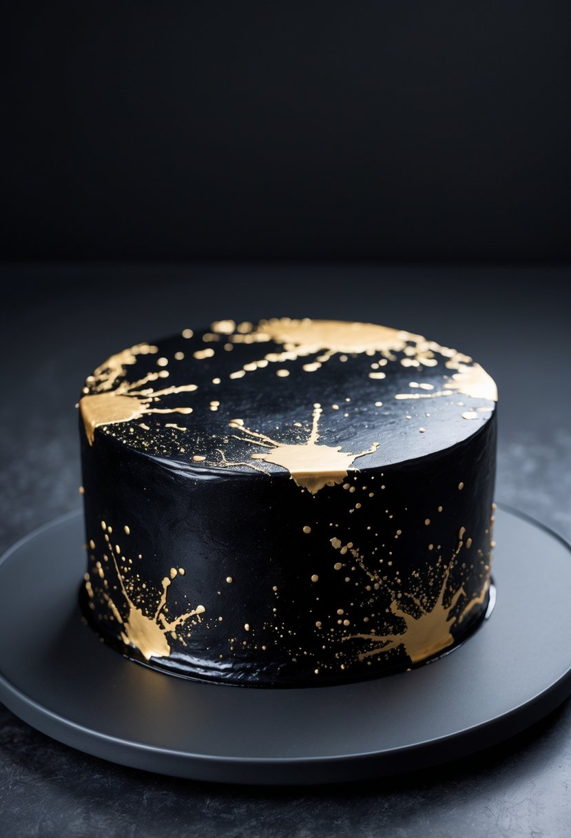 A black cake with gold splatter decoration on a dark plate against a dark background.