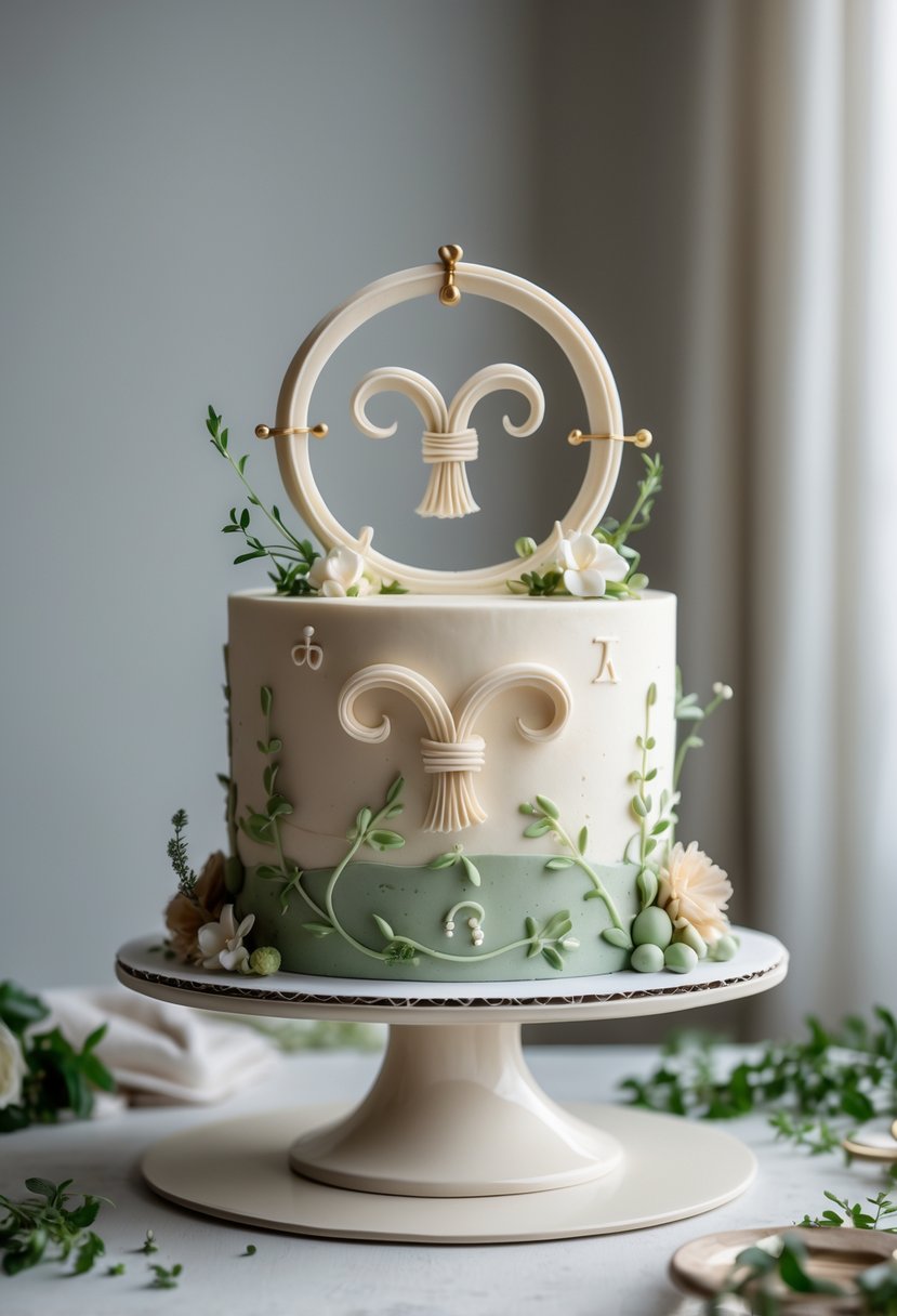 A beautifully decorated cake featuring a Virgo zodiac symbol, displayed on a cake stand with subtle floral and herb decorations.
