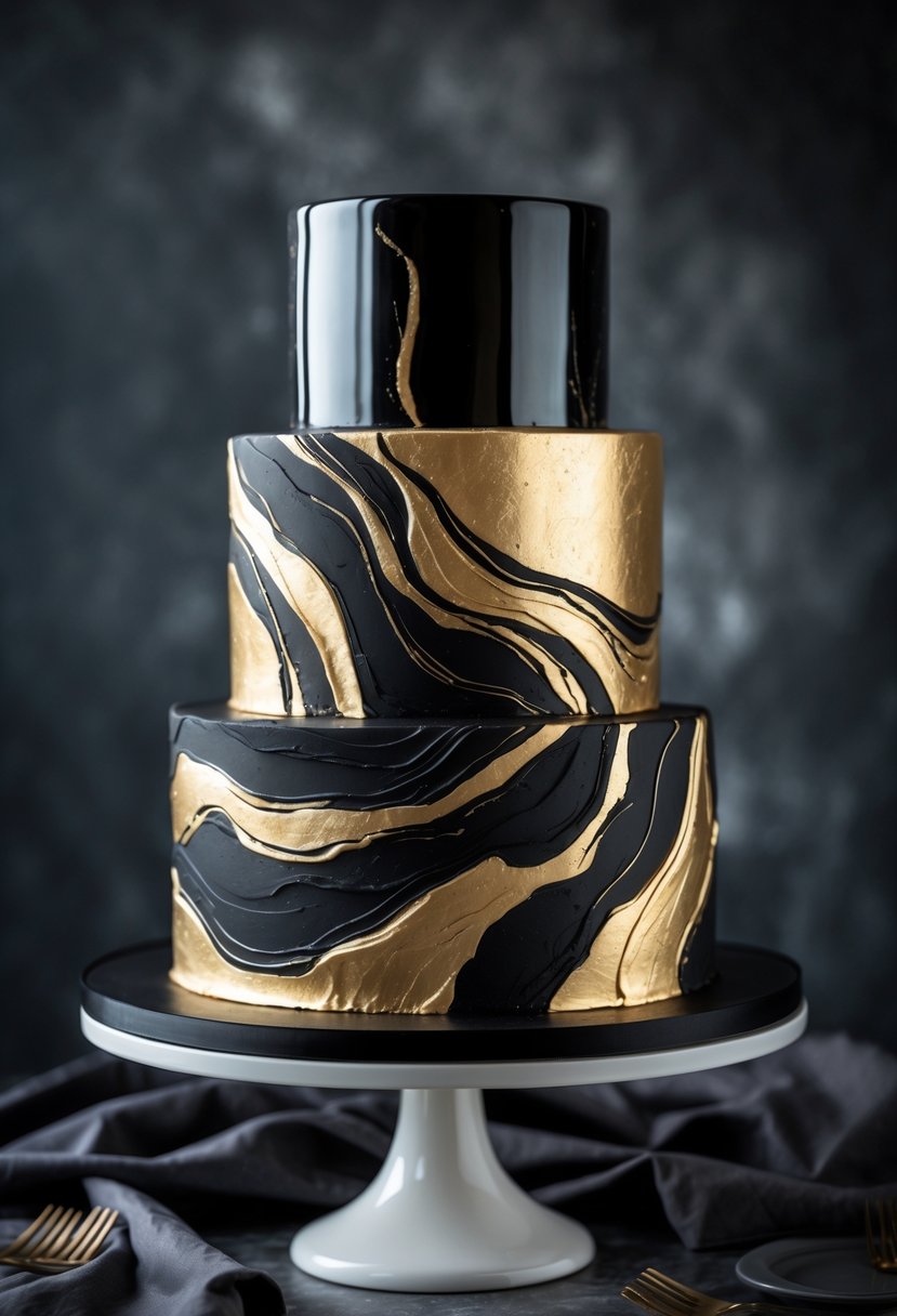 A black and gold marble effect multi-tiered cake on a white stand against a dark background.