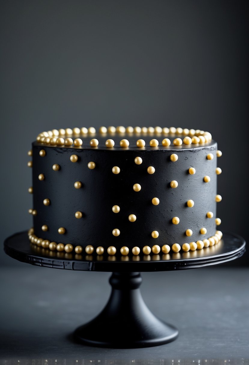 A black cake decorated with gold edible pearls on a dark cake stand.