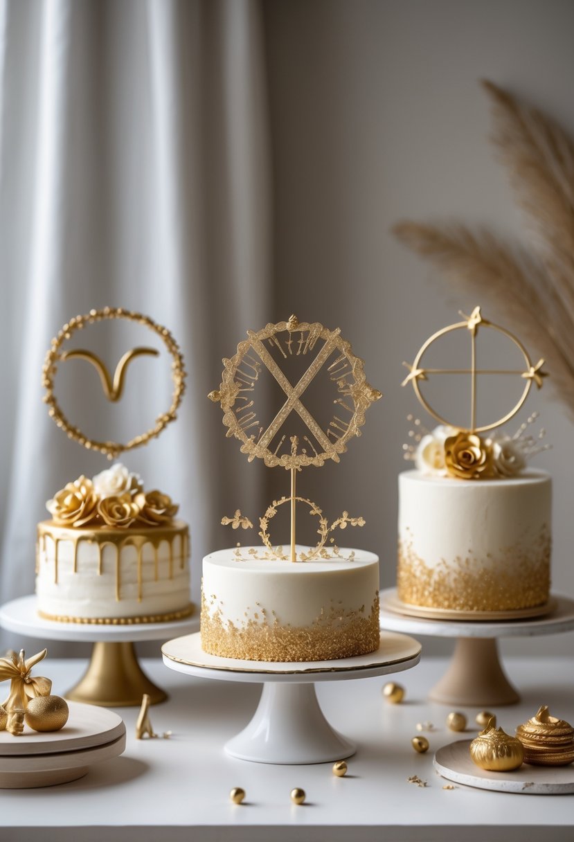 A collection of gold Virgo-themed cake decorations arranged on several cakes displayed on a white surface.