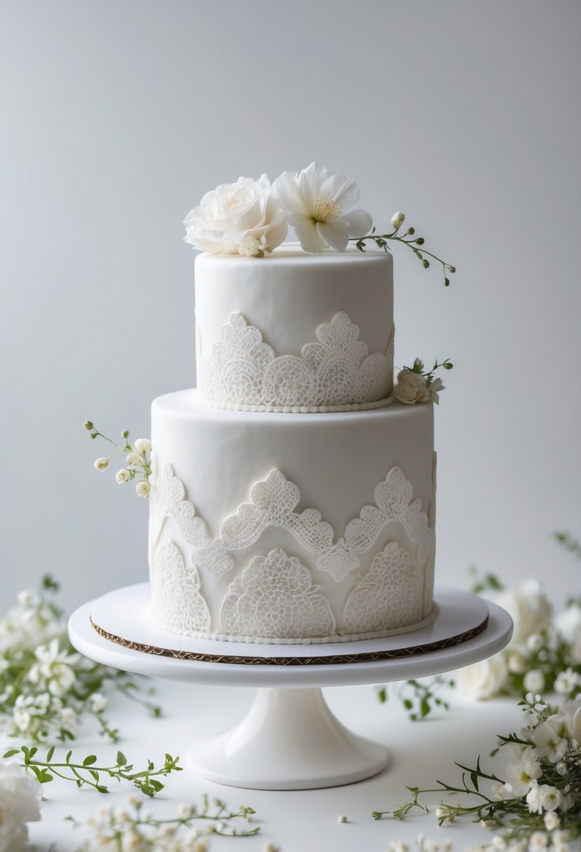 A multi-tiered cake decorated with white lace patterns and small flowers on a white background.
