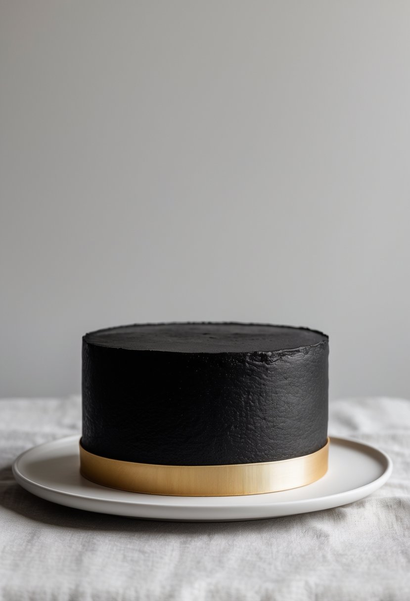 A black cake with a thin gold ribbon on a white plate against a neutral background.
