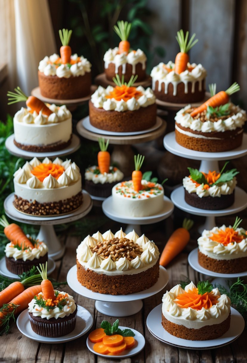 An assortment of 17 creatively decorated carrot cakes displayed on a wooden table with various frosting styles and edible decorations.