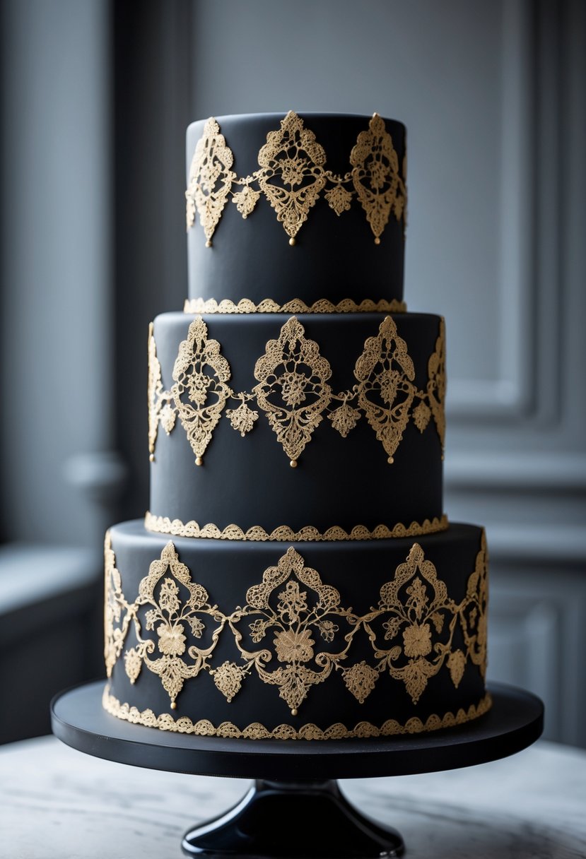 A black tiered cake decorated with detailed gold lace patterns on a simple background.