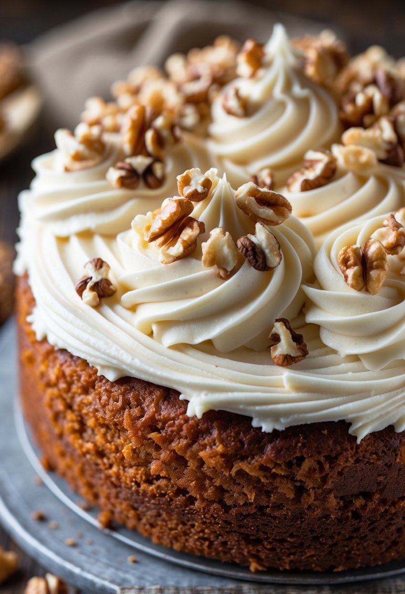 Close-up of carrot cake with cream cheese frosting swirls topped with chopped walnuts.