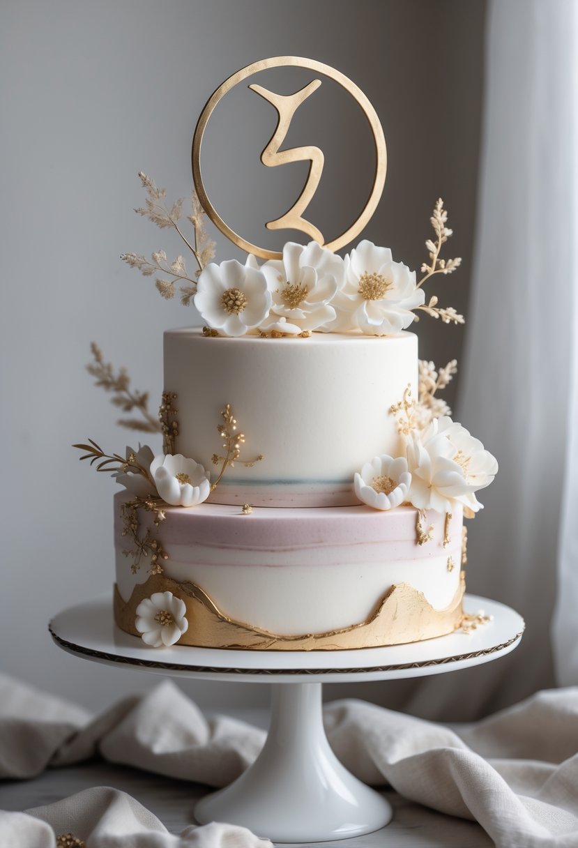 A white cake with floral decorations and a gold Virgo zodiac symbol topper on a cake stand.