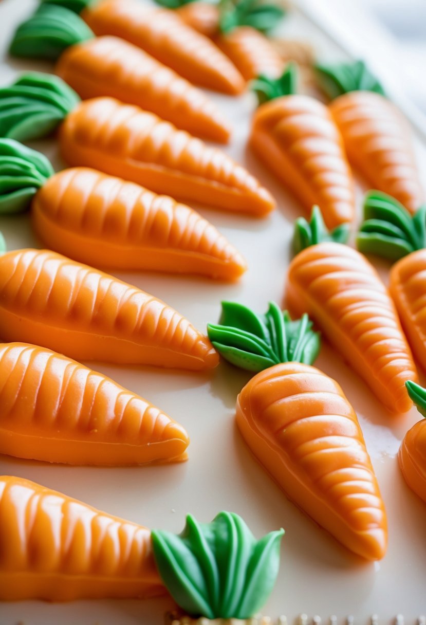 Close-up of several orange fondant carrot shapes with green leaves arranged on a white surface.