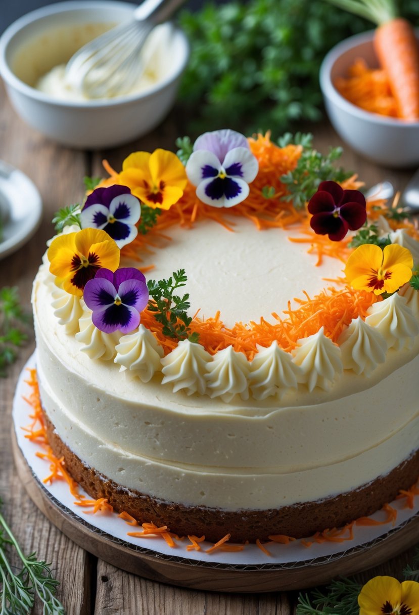 A close-up of a carrot cake decorated with cream cheese frosting and colorful edible flowers on a wooden table.
